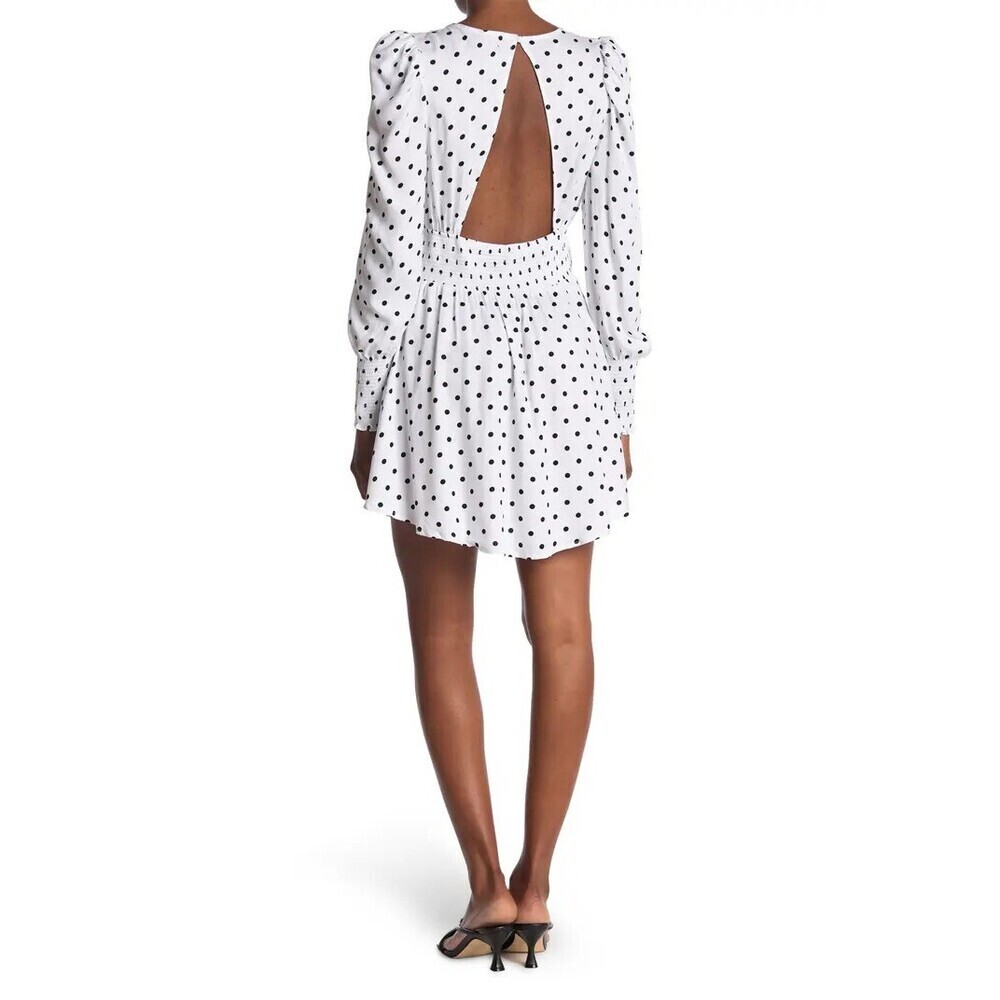 AFRM Long Sleeve Cutout Smocked Mini Dress White/Black Polka Dot Print Size XL